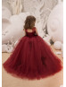 Maroon Lace Applique Tulle Keyhole Corset Back Flower Girl Dress